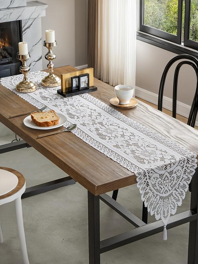 Jayla White Lace Table Runners, Elegant Vintage Lace Table Runner, Wedding Lace Decor with Floral Embroidery,Tea Party Decor, 13x54 Inch