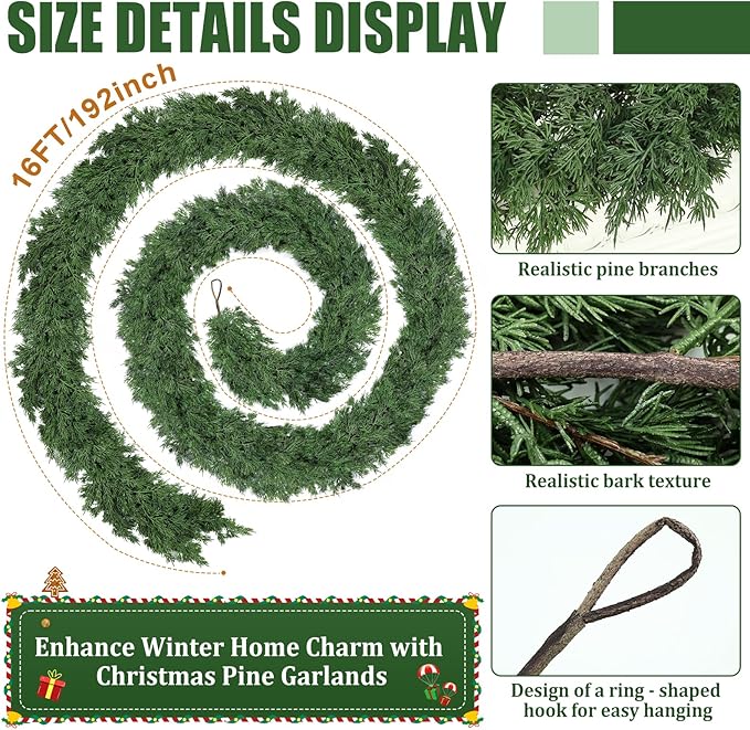 Faux Pine Garland, 16 Ft Green, 406 Sprigs, PE Material