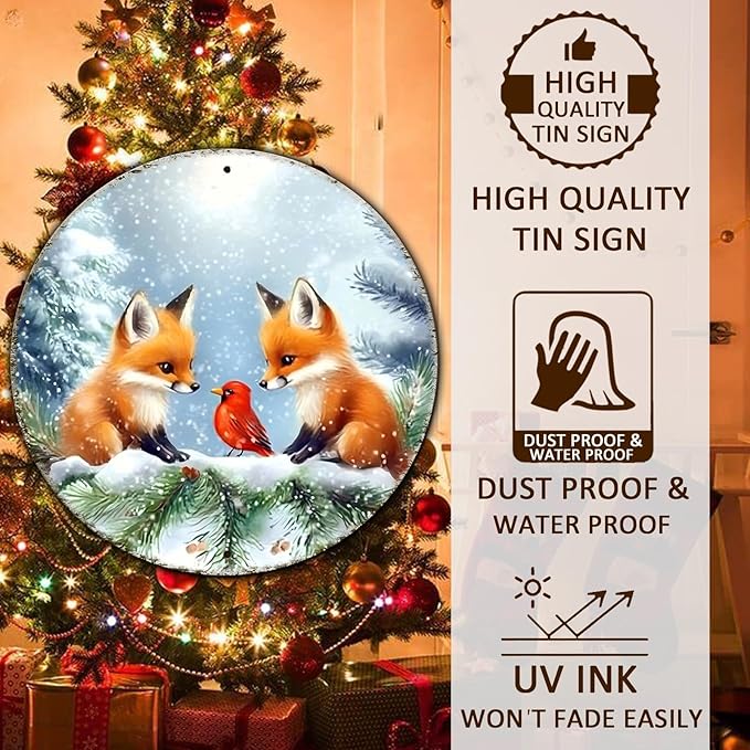 Christmas Round Fox Metal Tin Sign - Red Bird Winter Vintage Sign for Home & Outdoor Decorations - 12 * 12 in