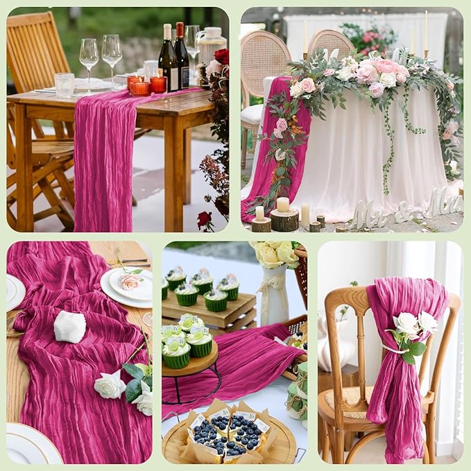 Asee'm 2pcs Cheesecloth Table Runner 120 Inches Long Fuchsia Boho Gauze Cheese Cloth Runner 10FT Rustic Sheer Table Runners for Christmas Wedding Party Baby Shower Spring Easter Decoration