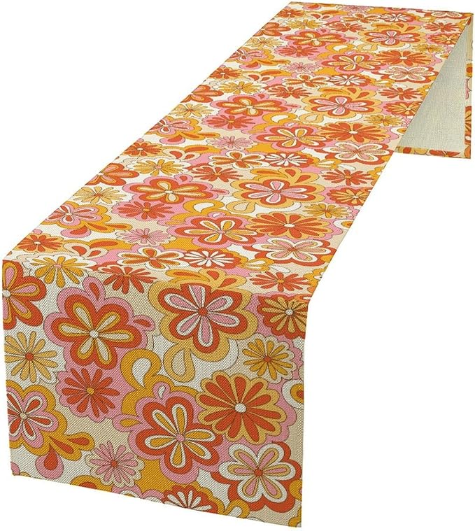 Vintage Floral Table Runner,70s Style Retro Daisies Flower Hippie Table Runner for Kitchen Dining Table Home Party Decoration 13x90 Inch