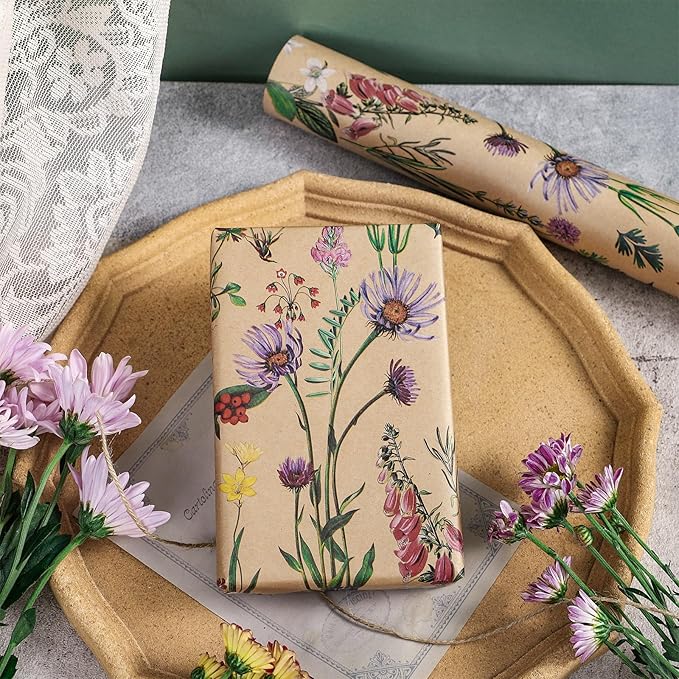 RUSPEPA Wildflower Floral Wrapping Paper Roll for Women, 17 Inches x 9.8 Feet, Mini Roll, Herbal Kraft Wrapping Paper for Christian Gifts, Birthdays, Weddings, Bridal Shower and Engagement