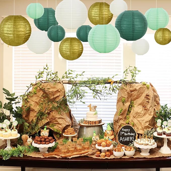 Paper Lanterns in Assorted Sizes, Sage Green, Forest Green, Gold and White