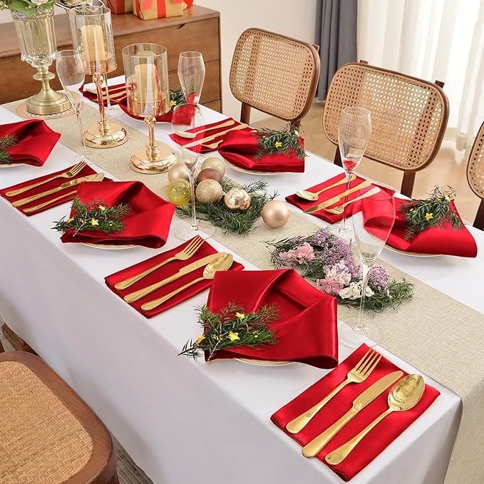 12 Pieces Red Satin Napkins, 17" x 17" Square Table Napkins, Silky Soft Smooth Washable Napkins for Restaurant, Weddings, Dinner, Party Decoration