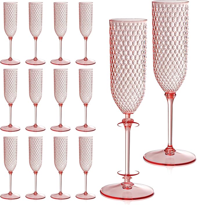 Champagne Glasses 24 Pack Pink Detachable Plastic Flutes 5.5 Oz