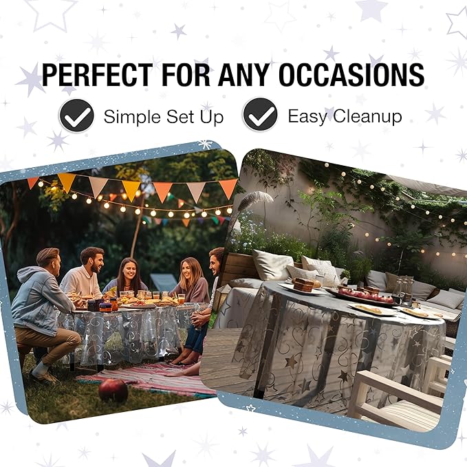 Exquisite Clear Silver Star Tablecloth Plastic 12-Pack Disposable Round Tablecloths 84" Silver Star Table Cloths Round Table Covers Plastic Tablecloth for Party Decorations