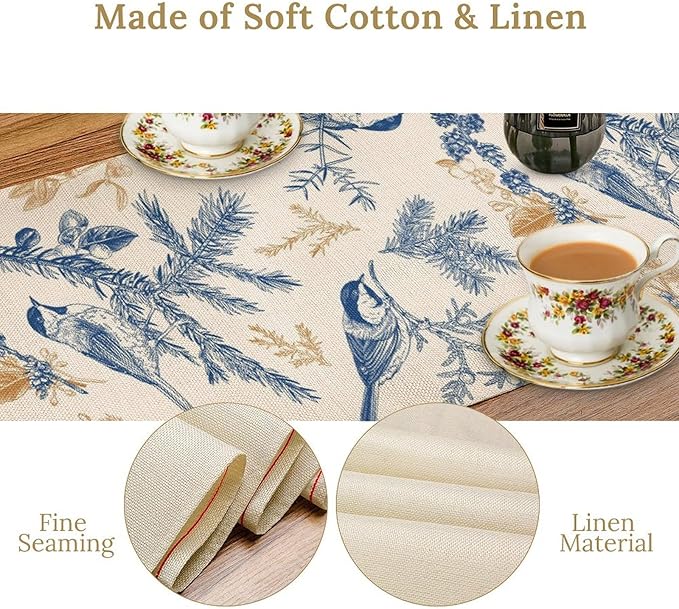 Floral Table Runner,Sketch Birds and Flowers Summer Table Runner Kitchen Dining Table Decoration for Home Party Decor 13x36 Inch
