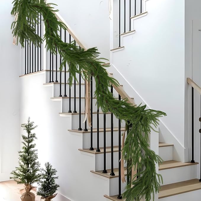 Hananona 2 Pcs 6 Ft Artificial Norfolk Pine Garlands, Real Touch Winter Pine Garland, Green Artificial Greenery Garland for Table, Mantle, Wall, Indoor, Outdoor Christmas Decorations (2, 6 FT)
