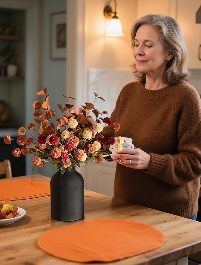 BLOSMON Fall Flowers in Vase for Centerpieces: Metal Vase with 12 Stems of Fake Mums Kiku Flowers Eucalyptuses Home Thanksgiving Table Decoration - Burnt Orange Artificial Pom Poms Floral Arrangement