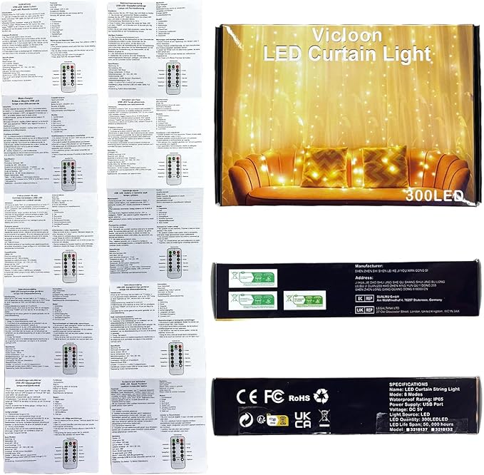 Vicloon Fairy Curtain Lights,300 LED White Curtain Lights,8 Modes 9.8×9.8Ft Waterproof Window Curtain String Light USB Powered with Remote Control,Christmas String Lights Curtain for Indoor/Outdoor