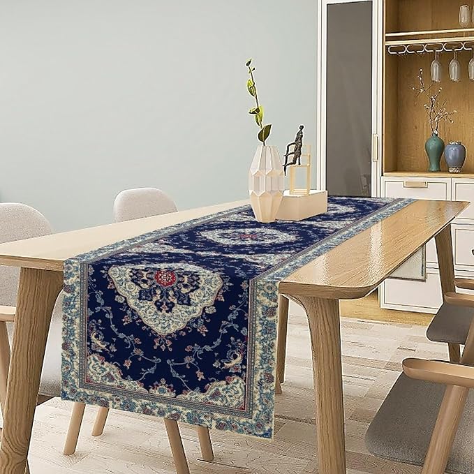 Elegant Palace Boho Blue Table Runner Vintage French Style Farmhouse Geometric Home Farmhouse Kitchen Table Dining Coffee Room Garden Party Wedding Decor 13x36in