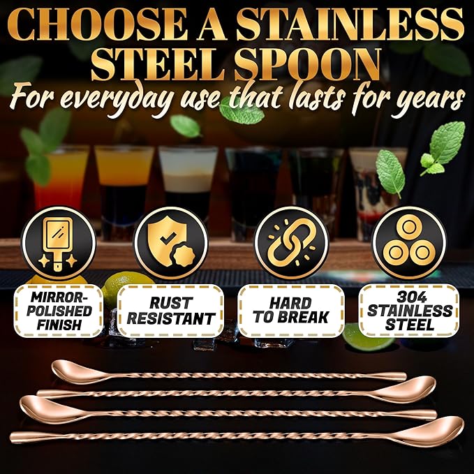 4 Pcs Bar Spoon Cocktail Mixing Spoon Set – Rose Gold Spoons with Elegant Twisted Spiral Handle, Good for Cocktails, Iced Tea, and Coffee Drinks – Durable Stylish Stainless Steel Stirring Spoons