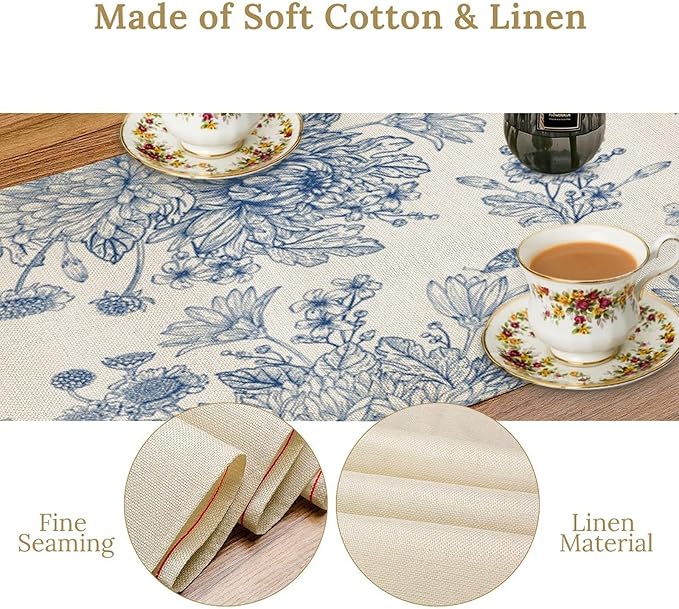 Chinoiserie Flower Table Runner, Seasonal Spring Fall Plants Blue Florals Dinner Runner for Home Kitchen Dining Table Party Holiday Decoration 13"x108"