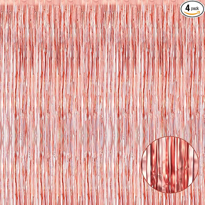 4 Pack Rose Gold Foil Fringe Curtain Backdrop, 3.28Ft x 8.2Ft Metallic Tinsel Foil Fringe Streamers Curtains for Party,
