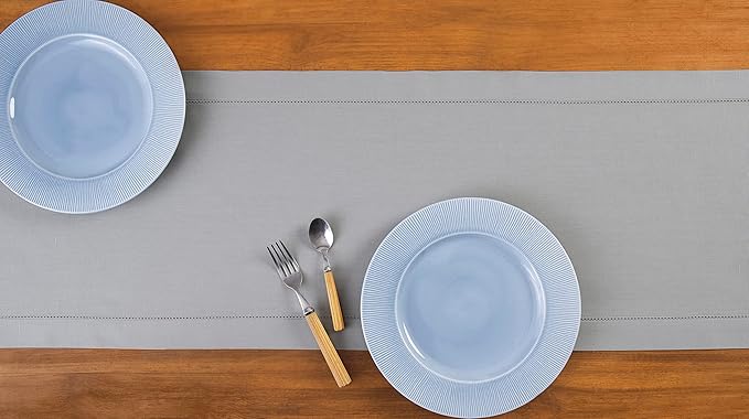 Solino Home Light Grey Table Runner 60 Inches - Cotton Linen Hemstitch Coffee Table Runner 14 x 60 Inch Ideal for Dresser Tables - Fall, Autumn, Halloween, Thanksgiving, Christmas, Holiday