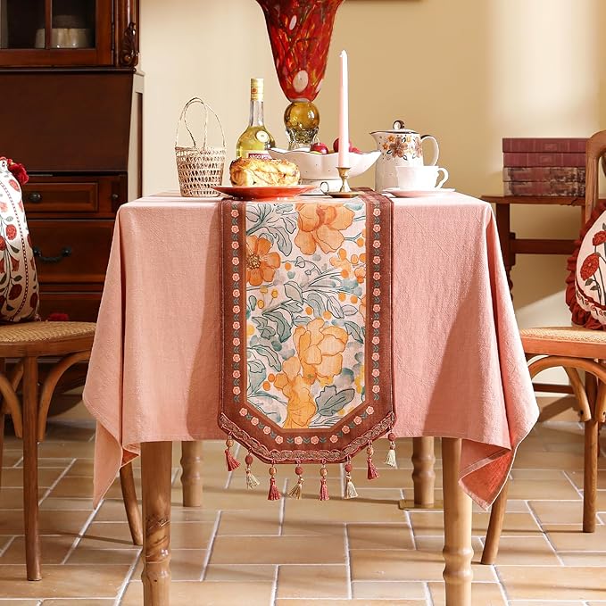 Designer Vintage Orange Floral Table Runner,French Soft Linen Farmhouse Table Runners 71 Inches Long,Decor Tabletop for Kitchen,Dining,Tea Party,Home,Christmas,12"*71"