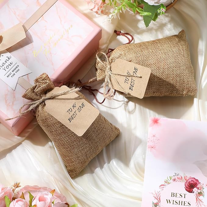 Gift Bags, 100 Dark Brown Burlap Drawstring Bags with Kraft Tags