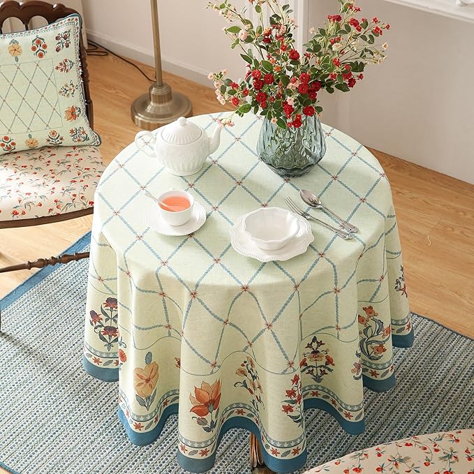 ISAENNE Designer Linen Floral Round Tablecloth,Light Green Farmhouse Durable Table Cloth,Washable Decor Tablecloths for Dining Kitchen Thanksgiving Christmas,Diameter 67"-Floralsea B