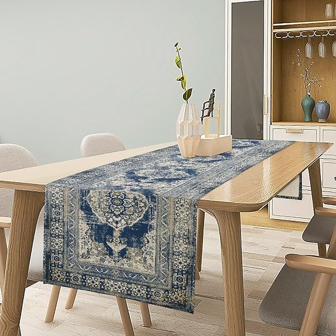 Vintage Boho Floral Table Runner, Rustic Country Farmhouse Blue Teal Retro Flower Pattern for Home Kitchen Table Decor Dining Coffee Room Party Decor 13x72in