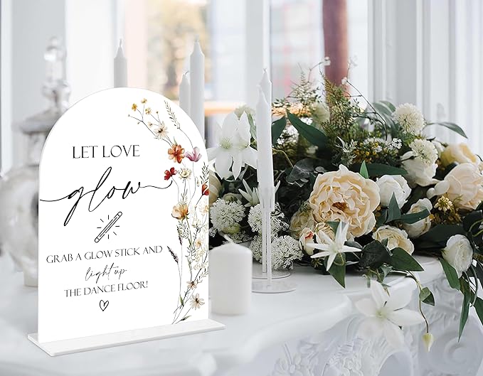 Boho Floral Let Love Glow Sign, 6 x 8 Inch White Arch Acrylic Wedding Sign with Holder, Wedding Sign for Ceremony and Reception, Wedding Decoration, Wedding Supplies - BX13