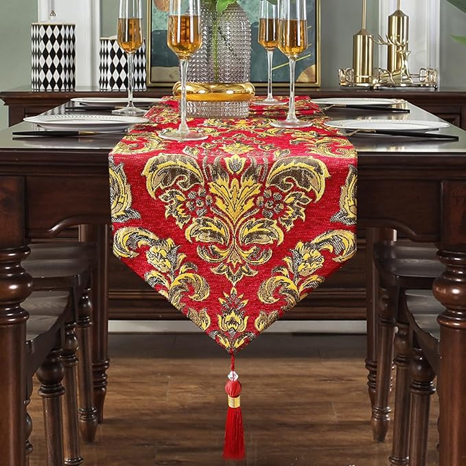 Luxury Vintage Embroidered Jacquard Table Runner Chenille Cloths - Red (13X84inch)