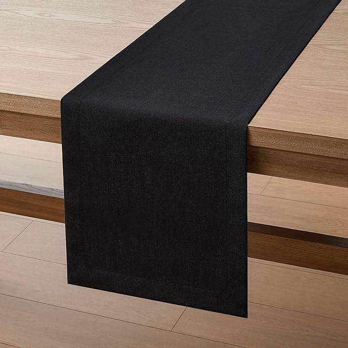 ZeeMart Linen Textured Border Table Runner, 14 x 108 Inch Black, Farmhouse Style Black Table Runners 108 Inches Long, Easy Care Everyday Polyester Table Runner