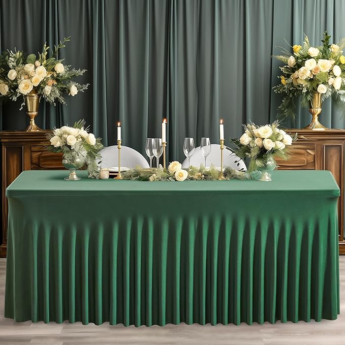Wish Care 2 Pack Hunter Green Stretch Spandex Table Clothes for 6 Foot Rectangle Tables, 6FT Wrinkle Free Fitted Tablecloths Ruffles Design Table Cover for Party, Banquet, Wedding and Events