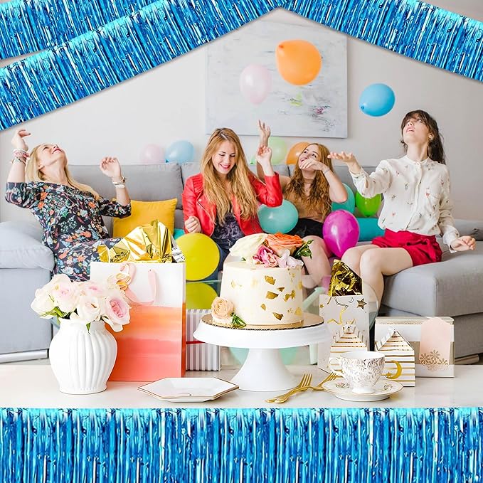 4 Pack 10 Ft Lake Blue Foil Fringe Garland Metallic Streamers Tinsel Banner Wall Hanging Garland Backdrop for Parade Floats, Halloween, Christmas, Thanksgiving, New Year Party Decorations