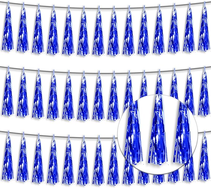 3P Metallic Fringe Tassel Banner Garland Foil Tinsel Streamer Wall Hanging Curtain Backdrop Banner for Parade Floats, Graduation Decorations, Retirement Party Decoration(Blue