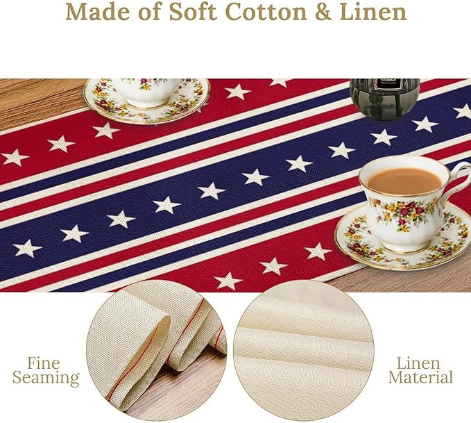 4th of July Table Runner, USA Flag Stars Stripes American Independence Day Red Blue White Stars Lines Print Table Cover for Farmhouse Kitchen Indoor Outdoor Home Party, 13x70inch