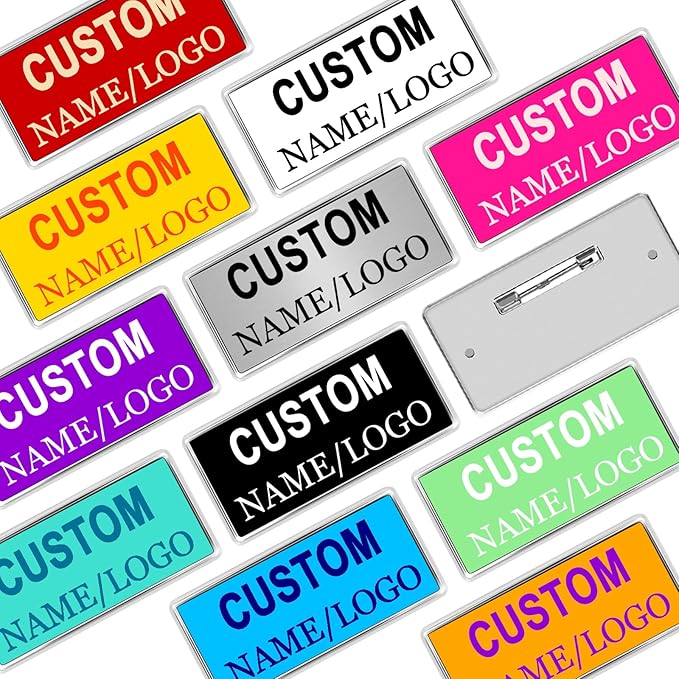 Custom Name Tags ID Badges with Logo Name Personalized Name Badges Name Tag ID Badges with Pin Backing Customizable Name Badges for Business Offices Stores Restaurant, 1.5x2.8 in, 150PCS