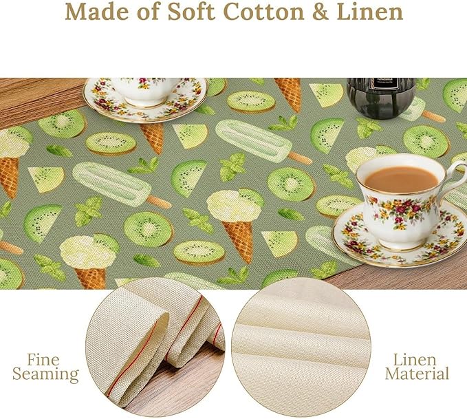 Summer Ice Cream Popsicles Table Runner, Watercolor Green Kiwi Seasonal Fruit Sweet Dessert Dinner Runner for Party Holiday Home Kitchen Dining Table Decor 13"x90"