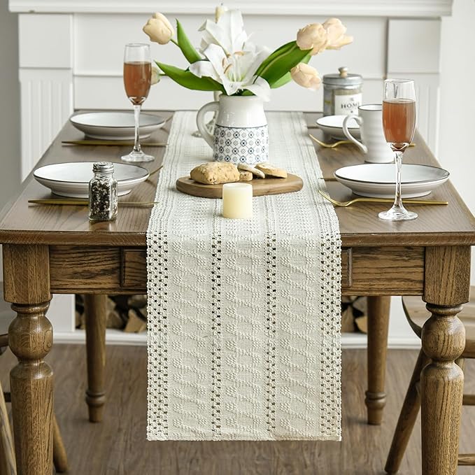 Artoid Mode Beige Farmhouse Woven Rustic Hollow Table Runner, Seasonal Holiday Kitchen Dining Table Decoration for Home Party Decor 12x36 Inch