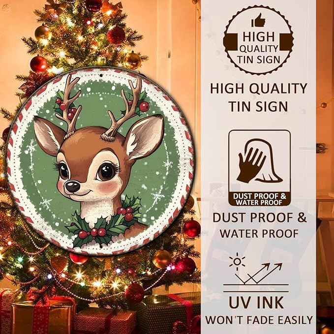Round Retro Reindeer Metal Tin Sign - Vintage Christmas Decor for Home Coffee Wall - 12 * 12 in
