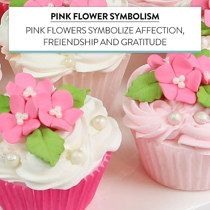 Edible Cake Toppers: Small Pink Gumpaste Flowers and Leaves, 72 Pieces
