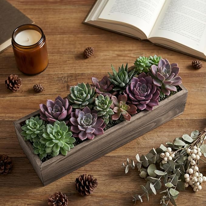 Planter Box Set for Centerpieces, Rustic Brown Wood, 12 x 4 Inch