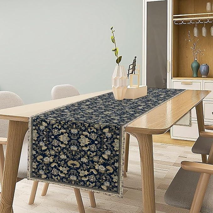 Vintage Boho Floral Table Runner, Morris Rustic Country Farmhouse Dark Blue Grey Retro Flower Pattern for Home Kitchen Table Decor Dining Coffee Room Party Decor 13x72in