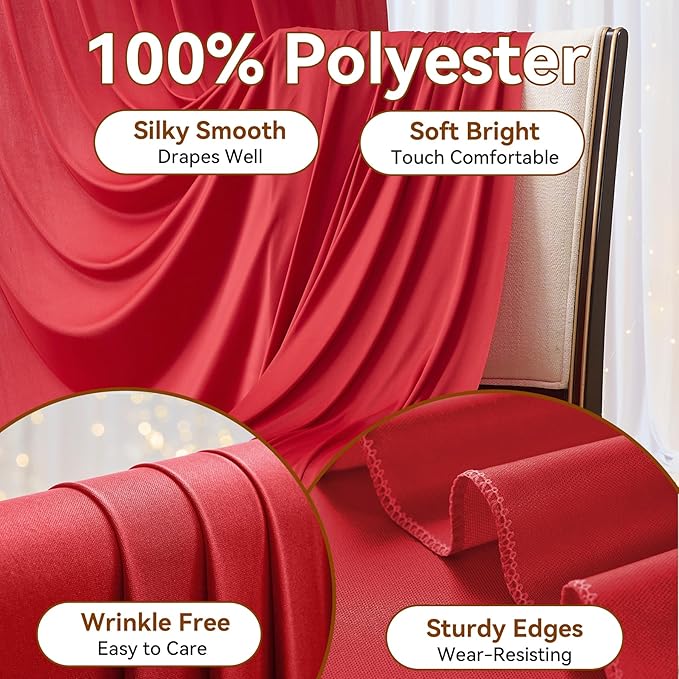 50×14ft Wrinkle Free Red Backdrop Curtain for Wedding Parties,10 Panels 5×14ft Height Soft Silky Polyester Backdrop Drapes Photo Back Ddrop Curtains for Events Photography Christmas Background Cloth