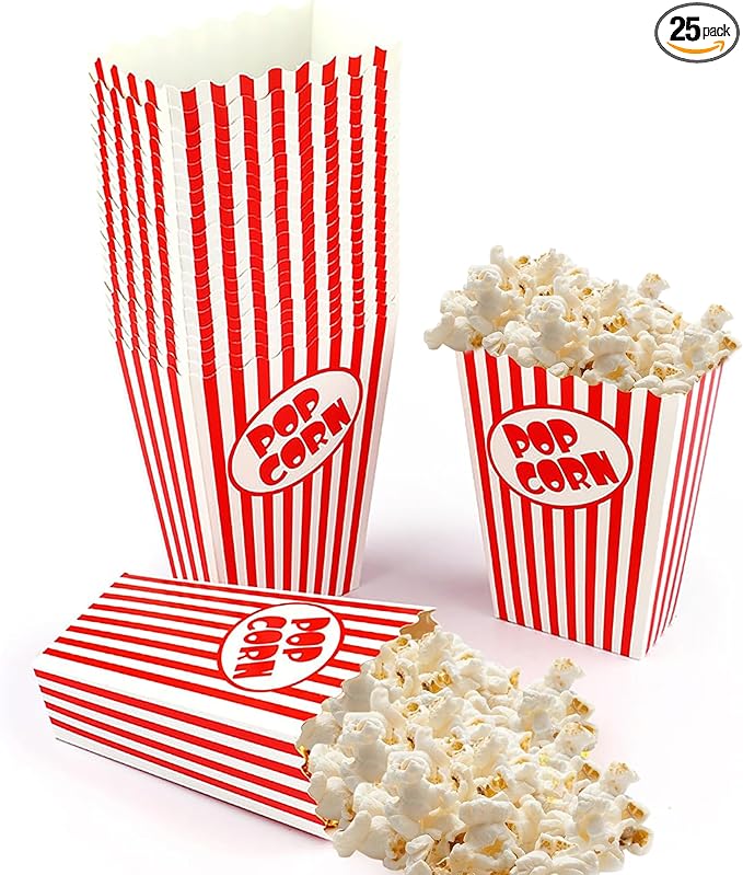 25 Pcs Small Popcorn Boxes for Party 5.5 Inches Tall Red & White Striped Popcorn Bags Mini Popcorn Buckets & Popcorn Bowl for Movie Theater, Home, Carnival Decorations (25)
