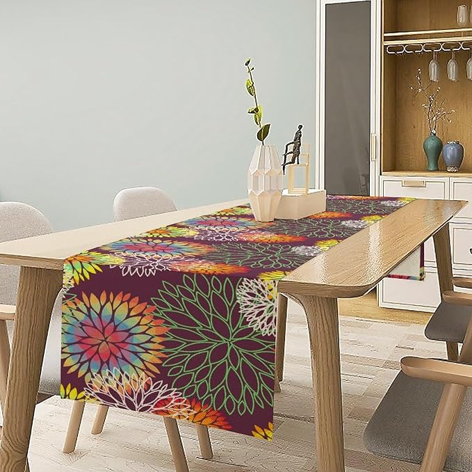Brown Dahlia Flower Table Runner, Linen Geometric Pattern Floral Table Decor Spring Farmhouse Decorations for Kitchen Dining Holiday Party Decor, 13x36 Inch