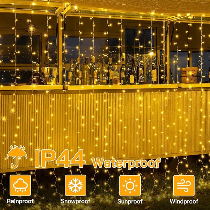Ollny 2 Pack Curtain String Lights Warm White, 400LED 6.6x6.6ft Fairy Lights With Remote 8 Modes, Hanging Outdoor Waterproof, USB Power Wall for Bedroom Indoor Backdrop Window