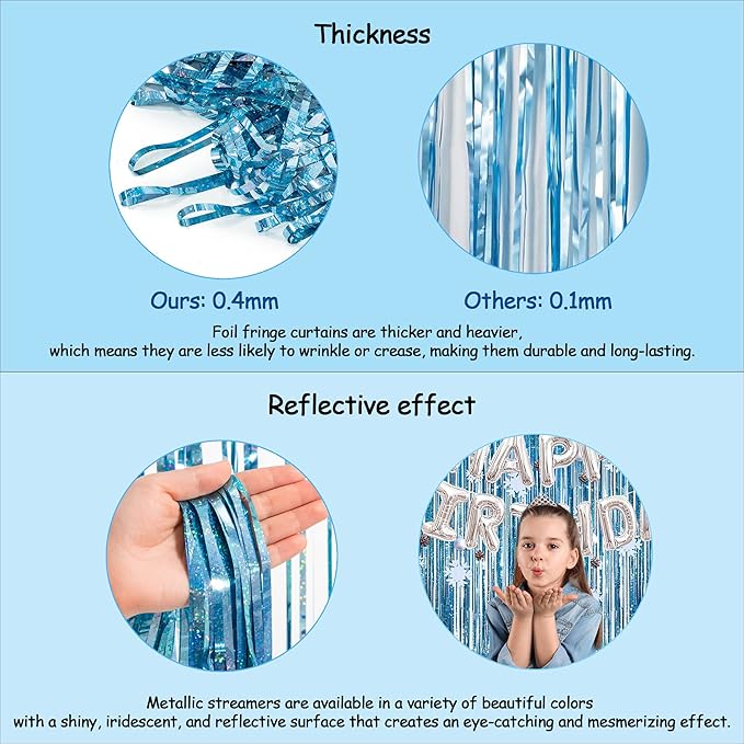 Blue Tinsel Curtain Party Backdrop - GREATRIL Foil Curtain Party Photo Streamers Backdrop for Frozen/Mermaid/Under Sea/Baby Party Decorations - Pack of 2