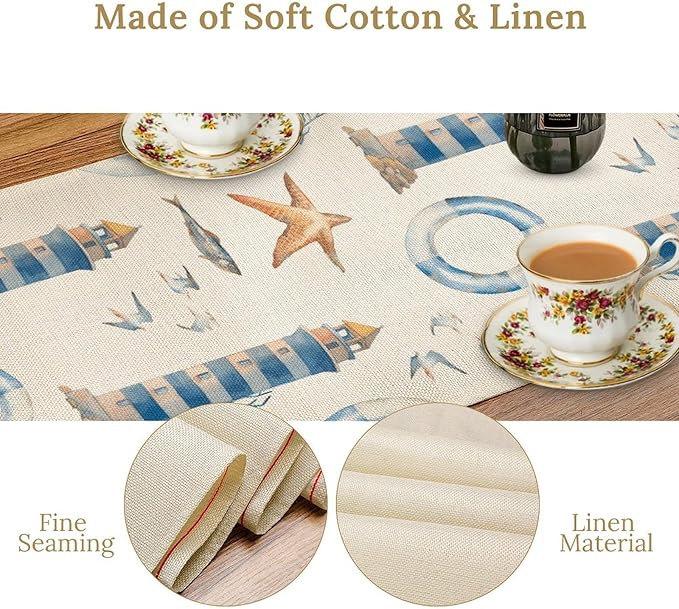 Blue Beach Table Runner, Tropical Ocean Coast Table Runner, Seashell Seasonal Nautical Restaurant Coffee Table Decorations for Home Holiday Party Indoor Outdoor 13x36 Inch