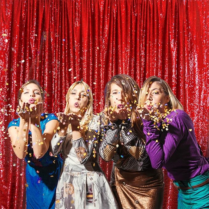 SquarePie Sequin Backdrop Less Transparent Background Sparkly Curtain for Wedding Party 7FT x 7FT Red