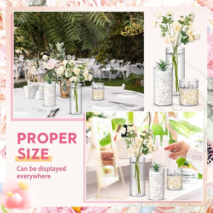 Cylinder Vases, 48 Clear Plastic Pieces in 3 Sizes for Table Décor