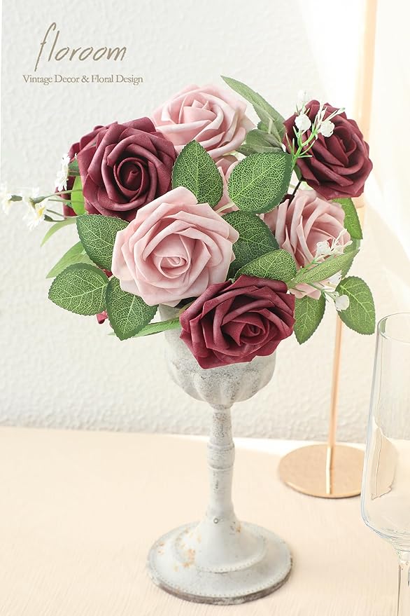 Floroom Artificial Flowers 25pcs Real Looking Cinnamon Rose & Shabby Pink Foam Fake Roses with Stems for DIY Wedding Bouquets Bridal Shower Centerpieces Floral Arrangements Party Tables Decorations