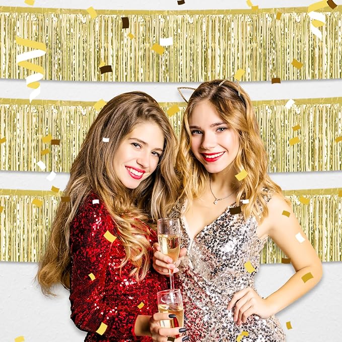 3 Pack 10 Long Light Gold Metallic Foil Fringe Garland Wall Hanging Tassle Banner, Mother's Day, Easter, Parade Floats, Birthday, Theme Party, Wedding Party Decorations