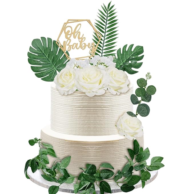 Cake Topper Kit, 34 Pieces, Wood Topper with Silk Roses and Leaves