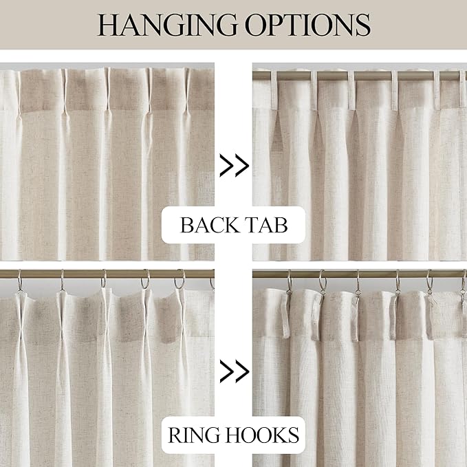 Vision Home Natural Pinch Pleated Semi Sheer Curtains Textured Linen Blended Light Filtering Window Curtains 90 inch for Living Room Bedroom Patio Pinch Pleat Drapes with Hooks 1 Panel 60" Wx90 L