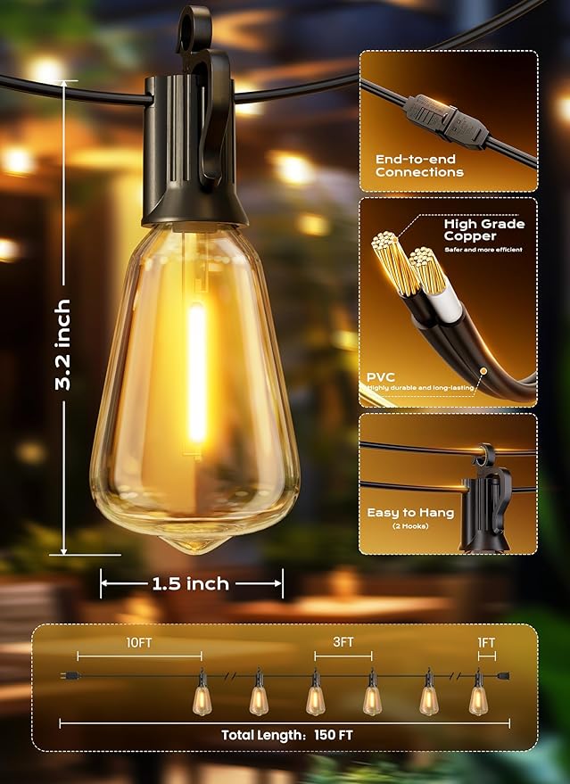 String Lights, 150 FT Outdoor Patio Lights with 47 Shatterproof LED Bulbs